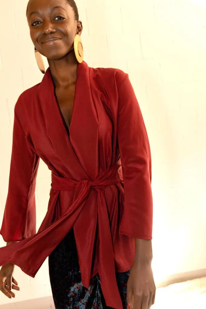 Burgundy Silk Kimono Blouse - Obidi