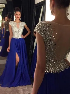 Cap Sleeve Prom Dresses, Rhinestone Prom Dresses, Side Slit Prom Dresses, Long Prom Dresses, BG0407