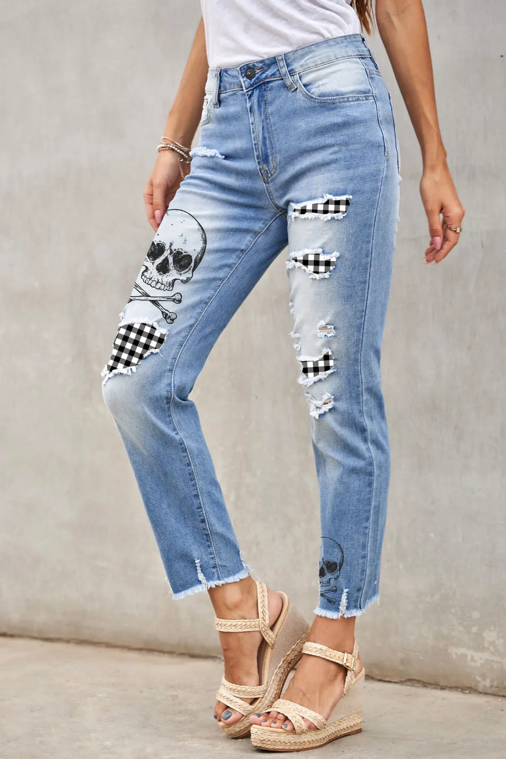 Casual Floral Skull Print Jean For Women