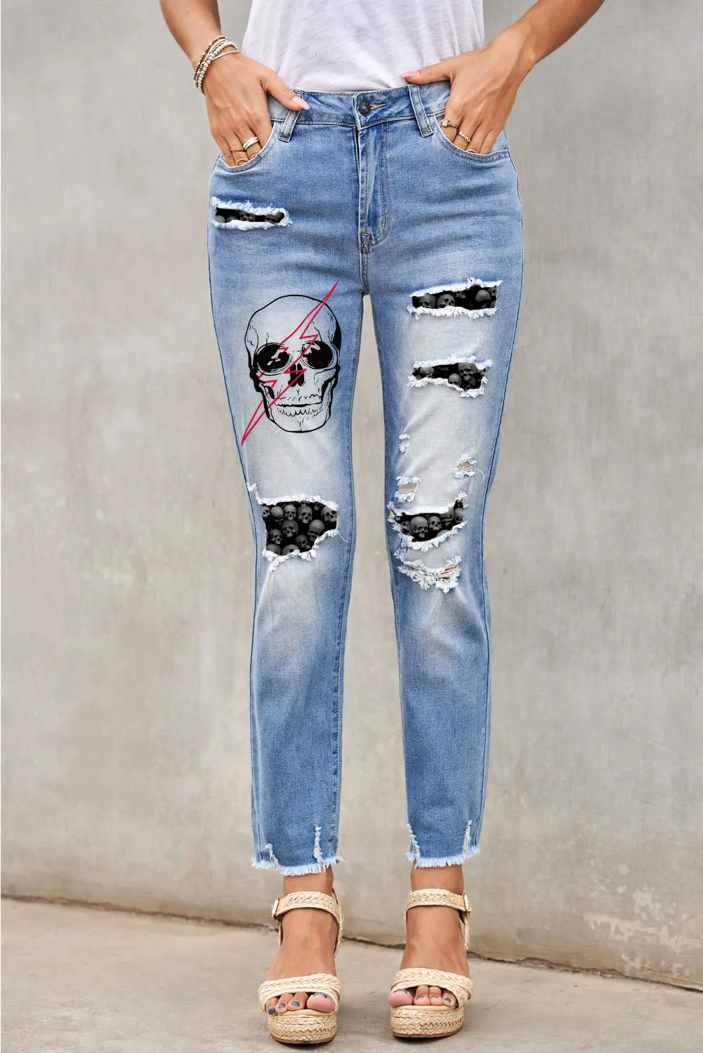 Casual Floral Skull Print Jean For Women