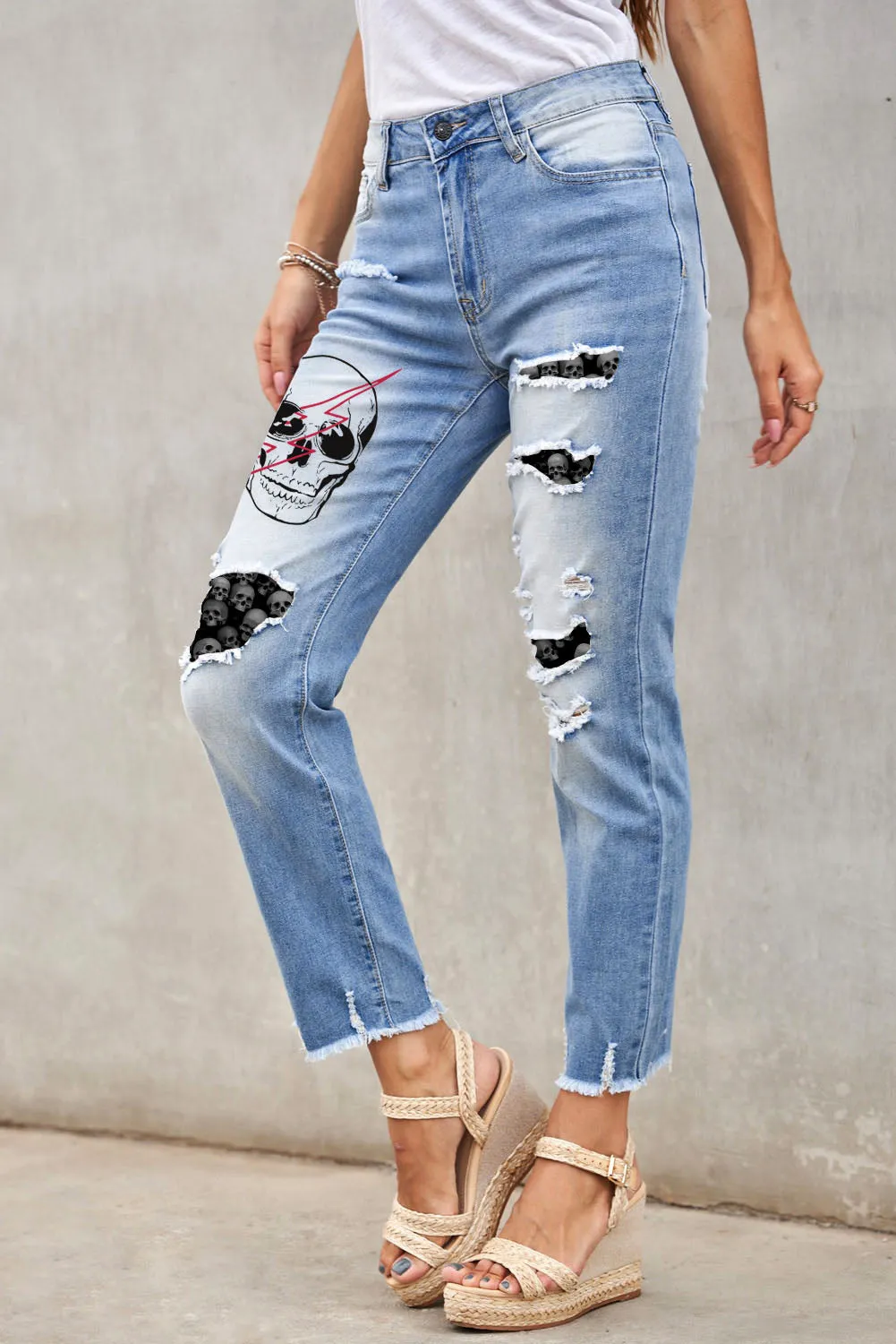 Casual Floral Skull Print Jean For Women