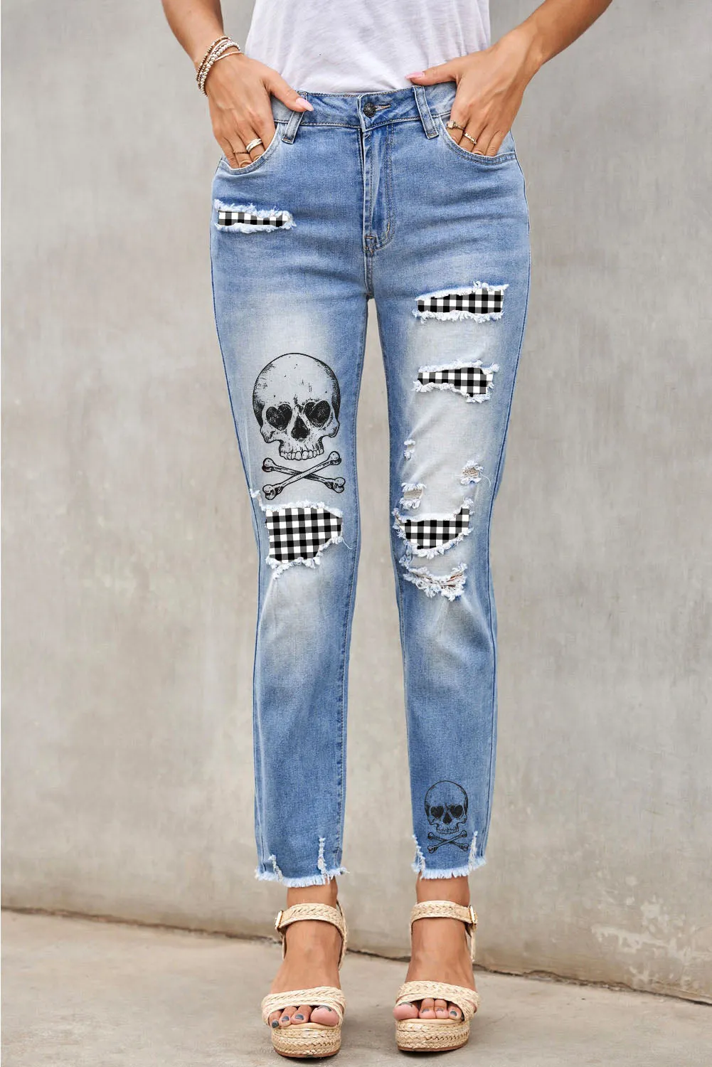 Casual Floral Skull Print Jean For Women