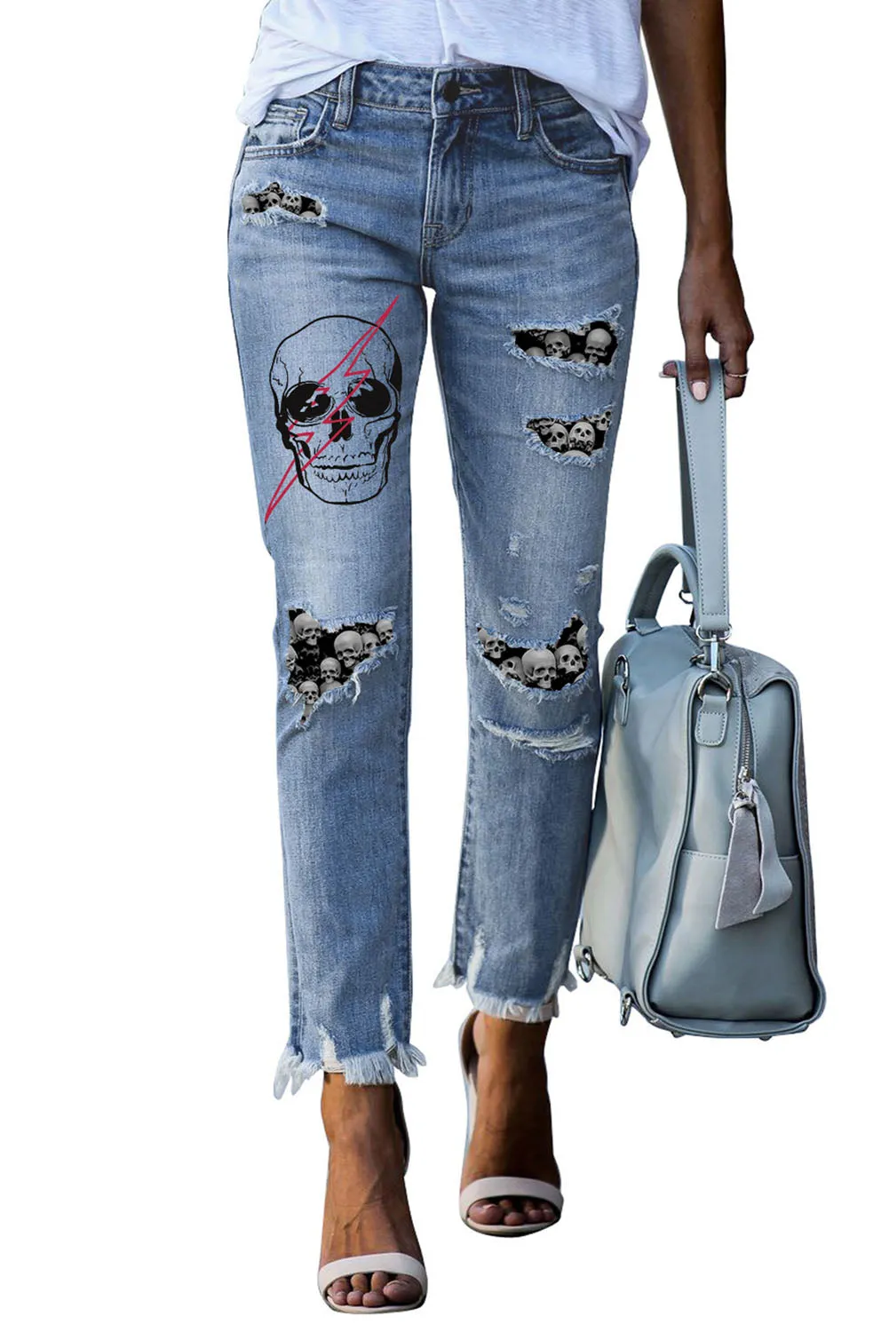 Casual Floral Skull Print Jean For Women