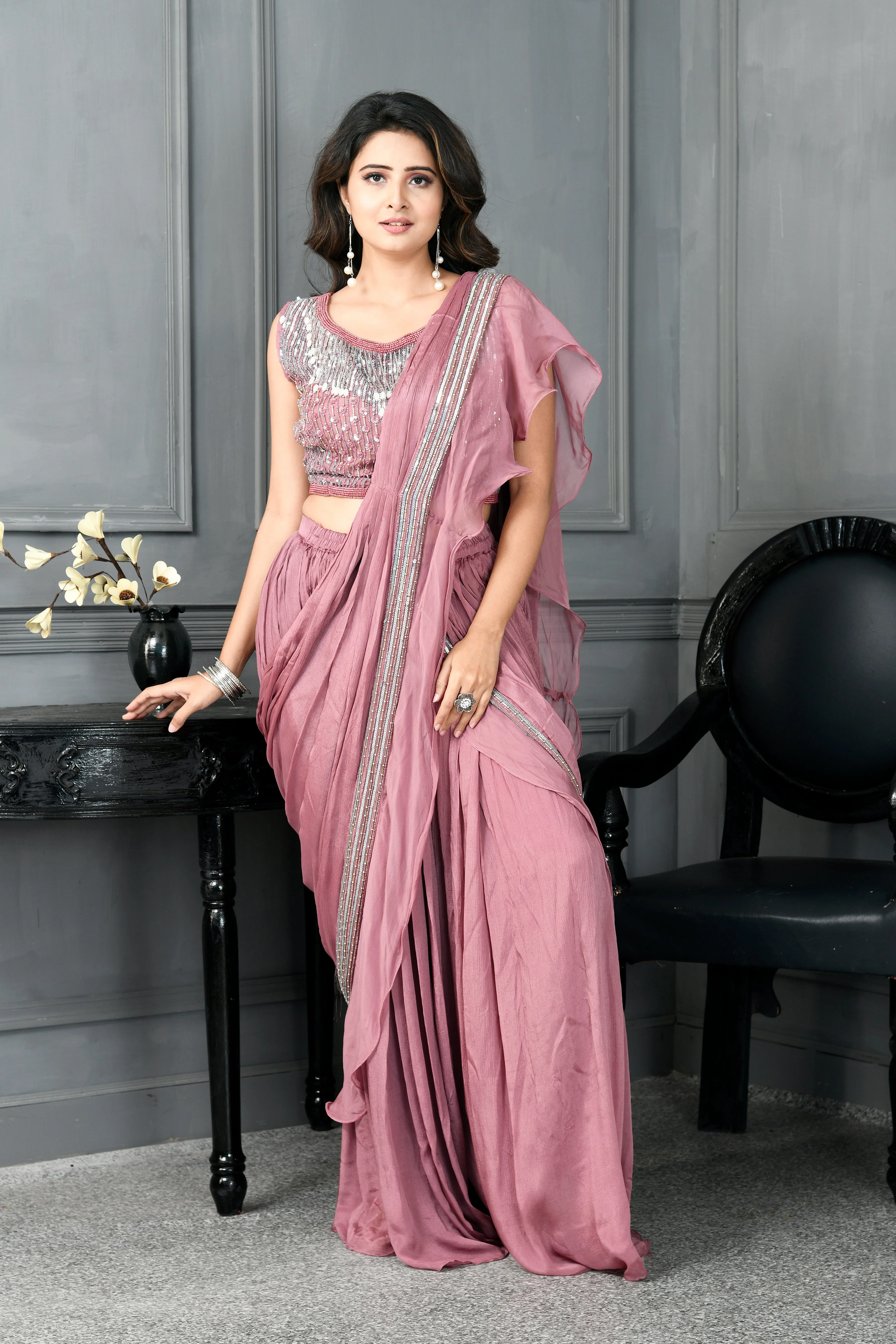 Chinon Drape Saree with Pearls Latkan