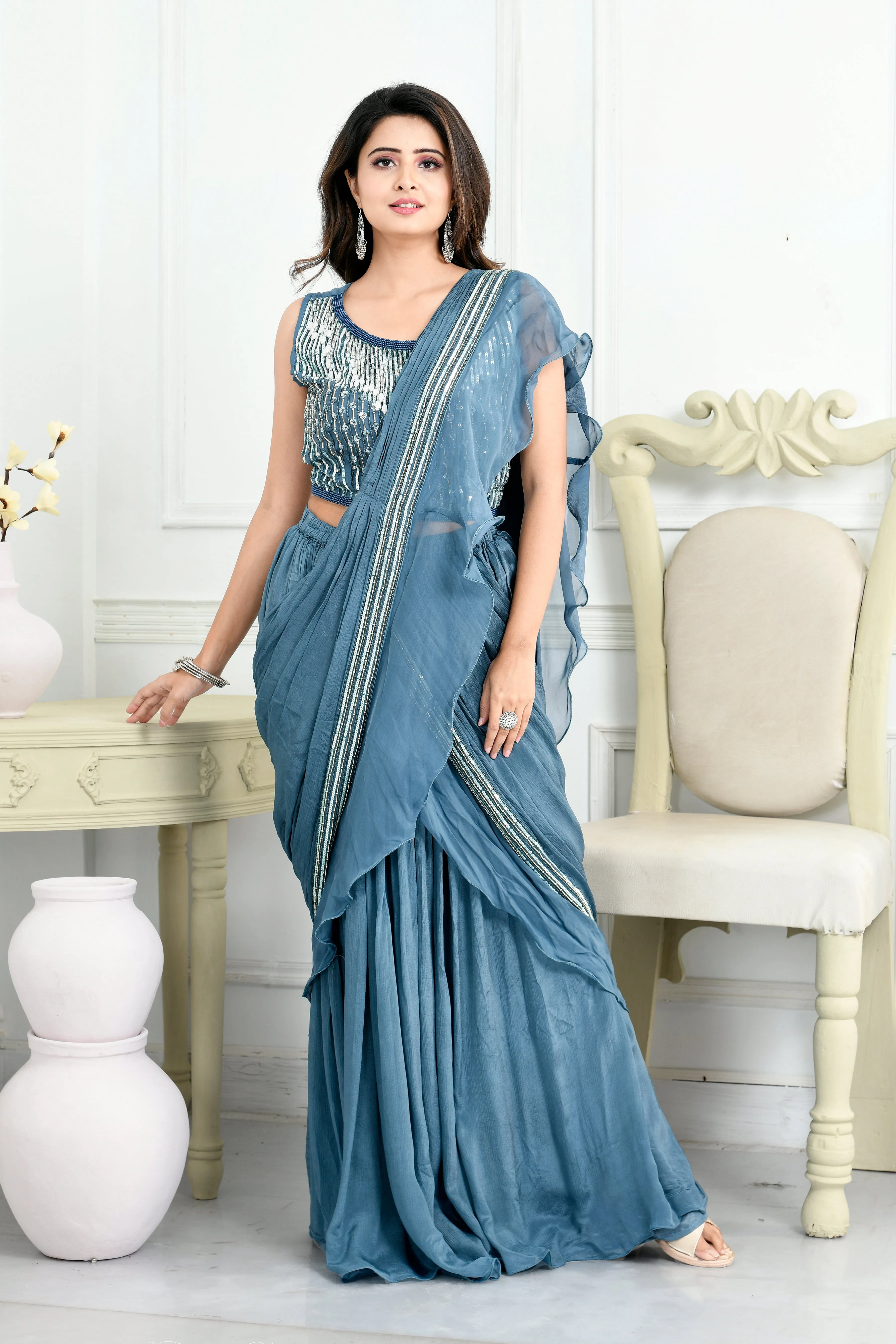 Chinon Drape Saree with Pearls Latkan