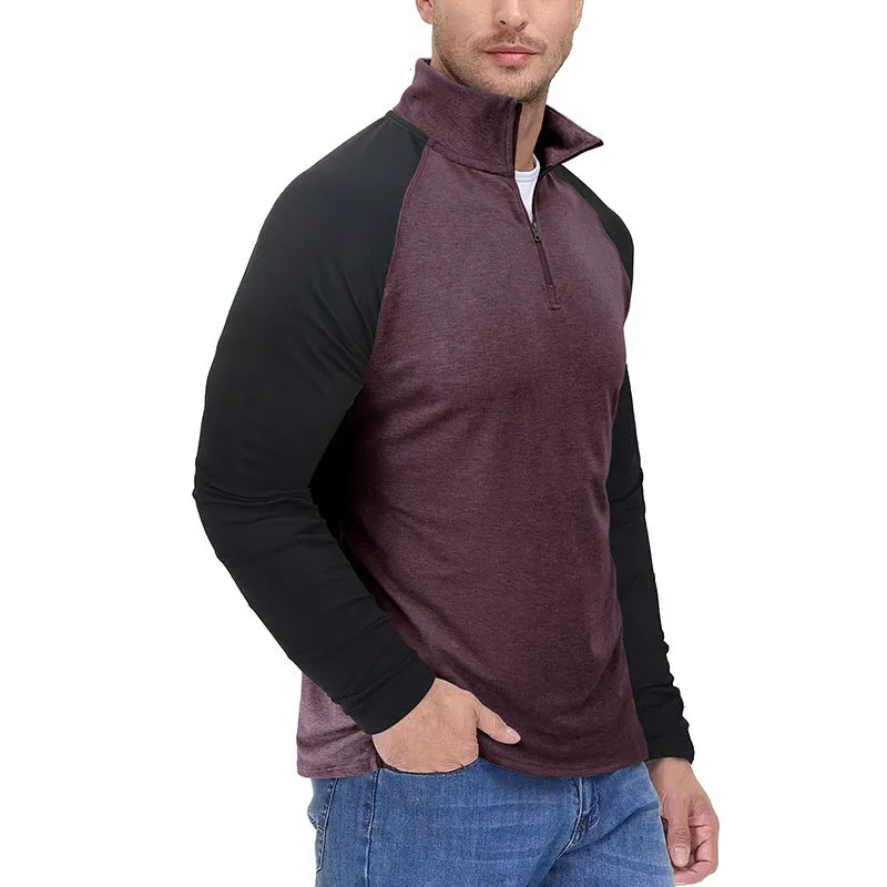 CONTRAST COLOR STAND COLLAR ZIPPER SWEATSHIRT