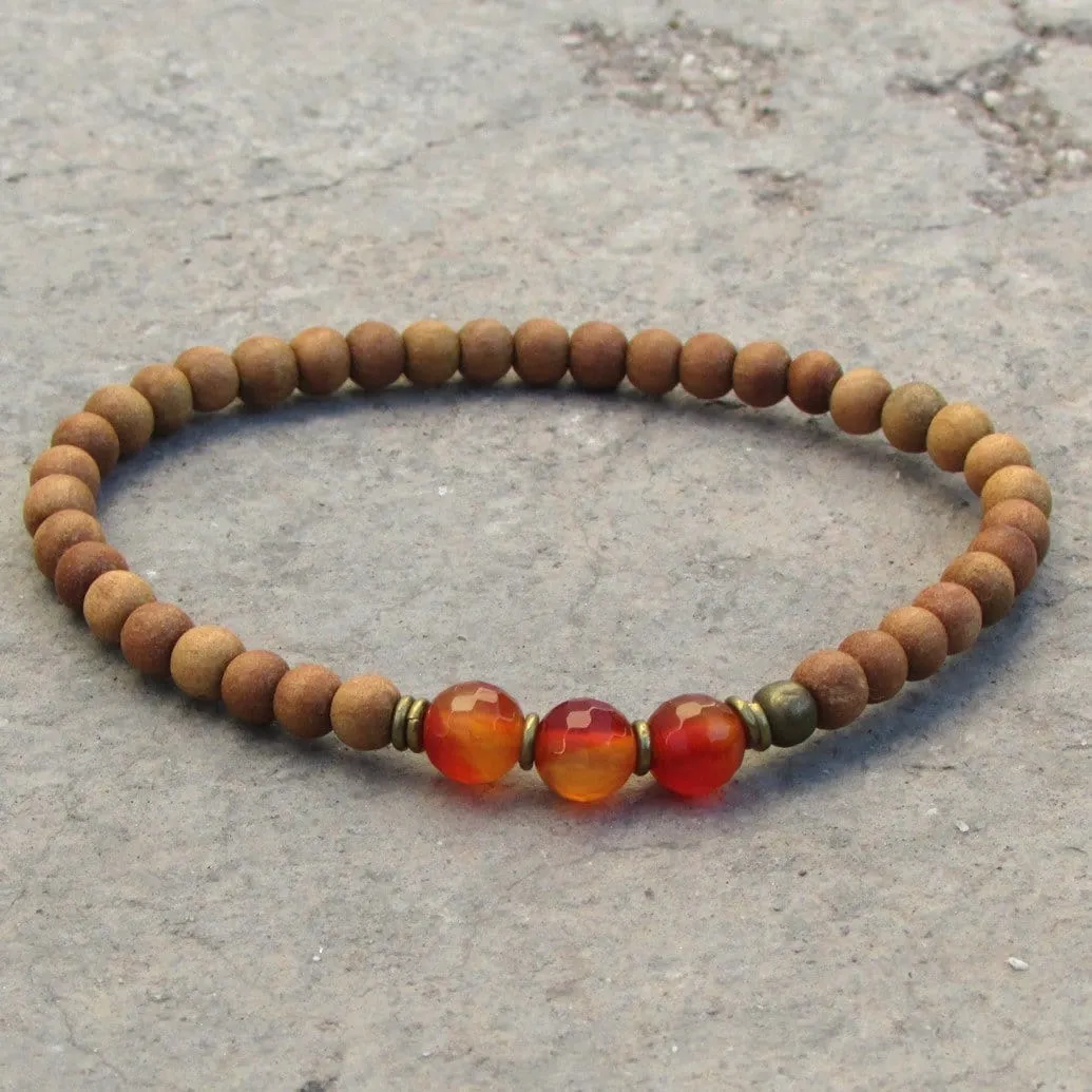 Creativity, Second Chakra, Sandalwood and Genuine Carnelian Gemstone Mala Bracelet