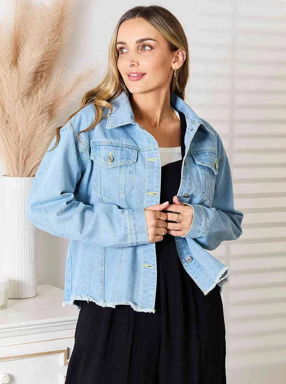 Dropped Shoulder Raw Hem Denim Jacket (Online Exclusive)