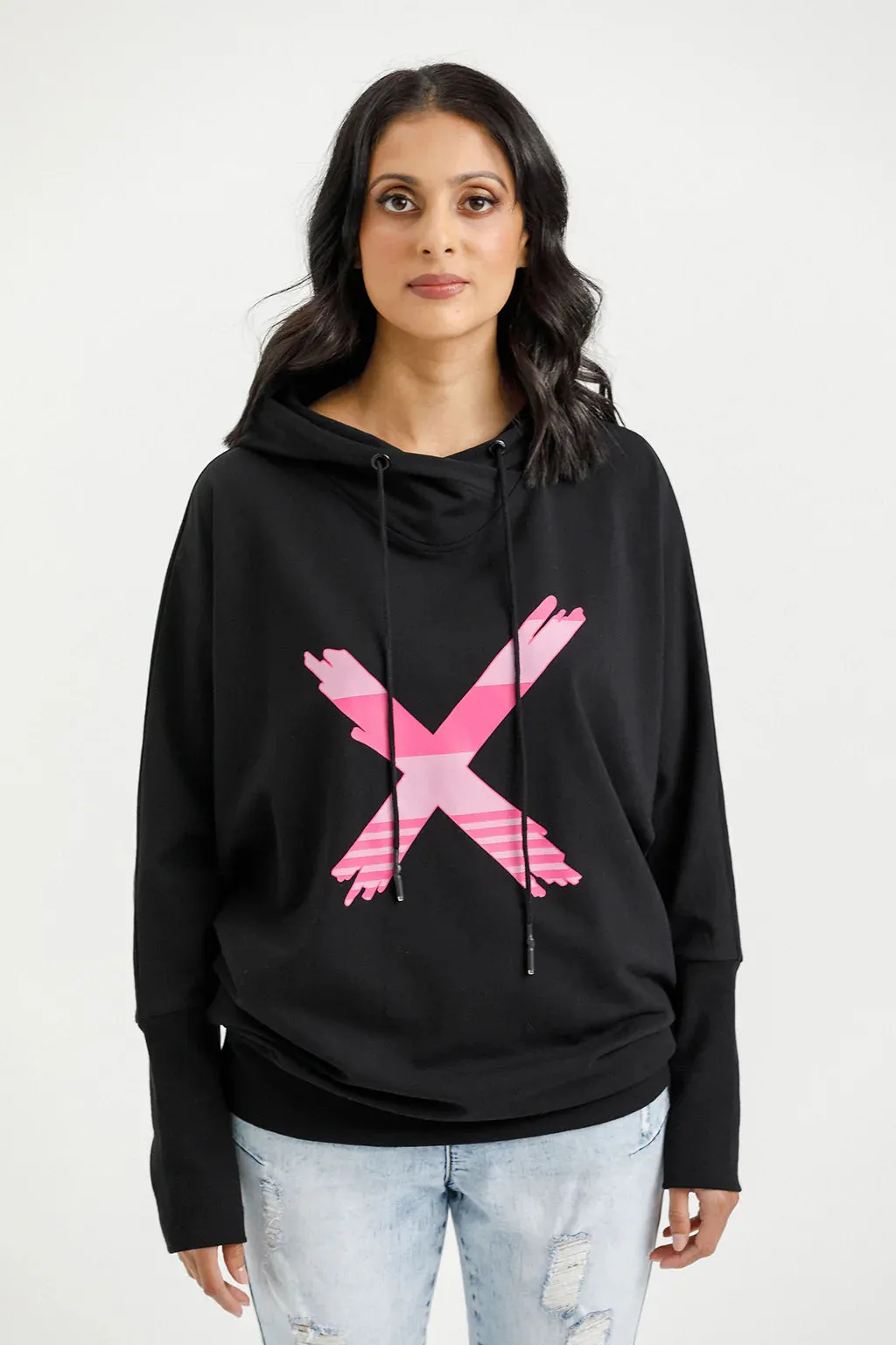 Ellen Hoodie | Black with Irregular Pink Stripe X