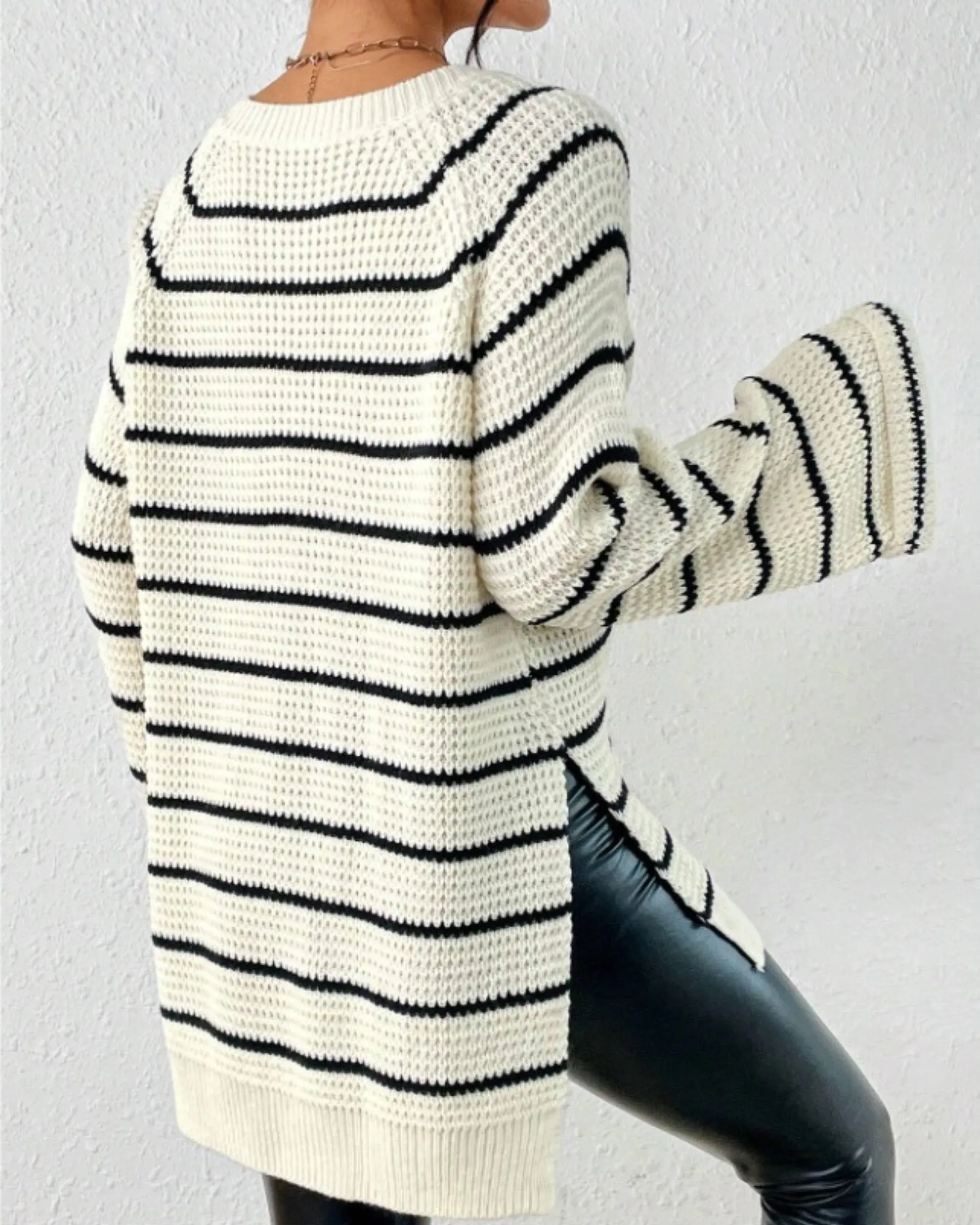 Essnce striped wool sweater with raglan sleeves and slit hem 3616 - سويتر