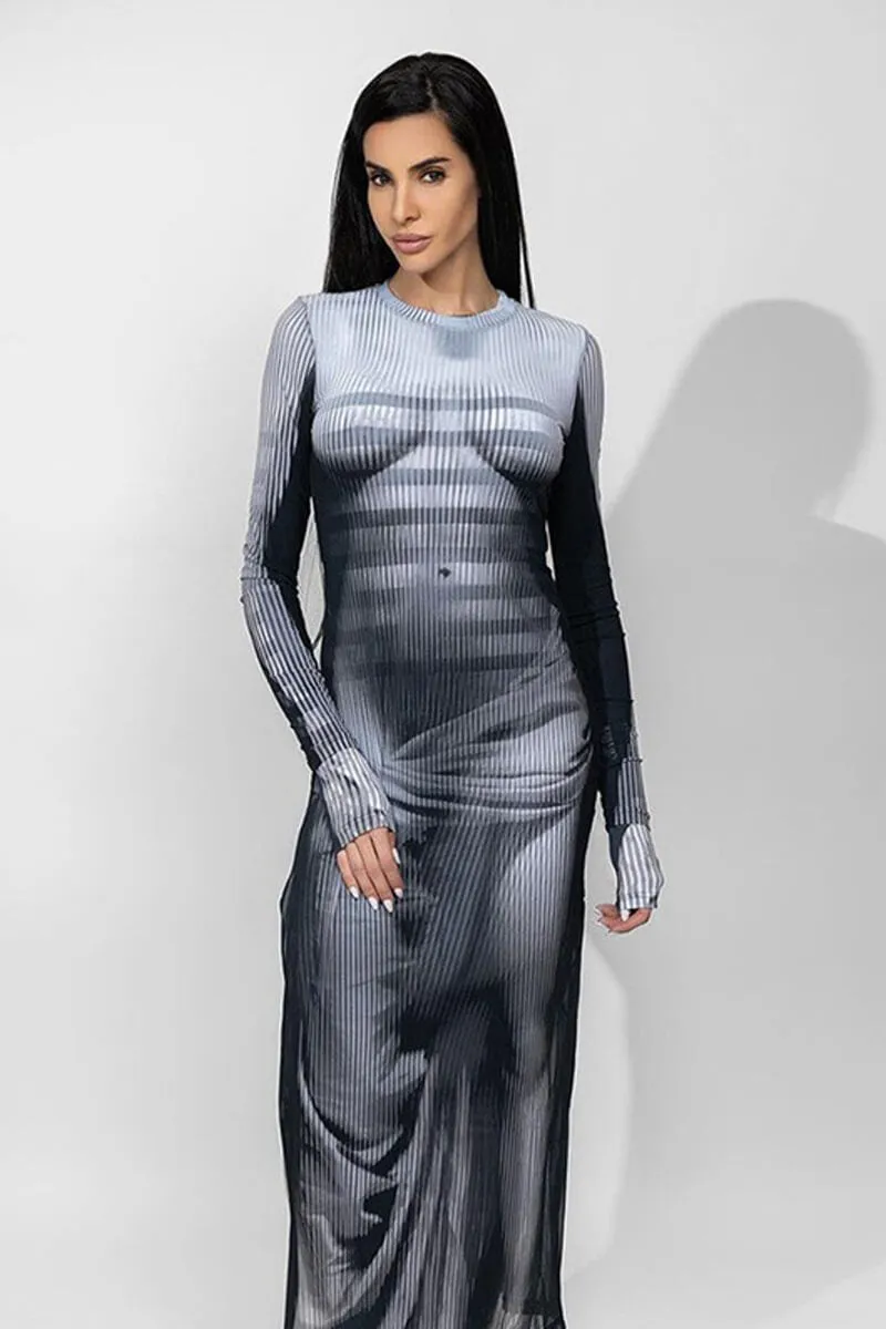 Fake Body Print Long Sleeve Midi Dress