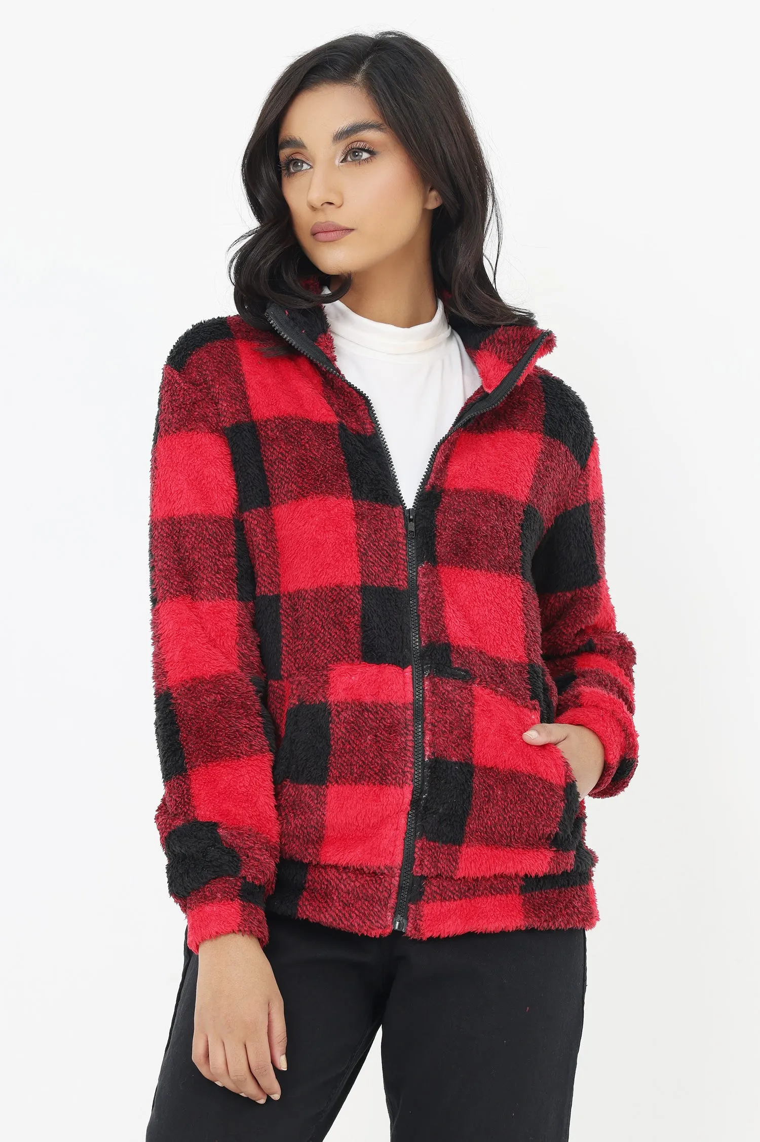 FLUFFY JACKET-BLK-RED