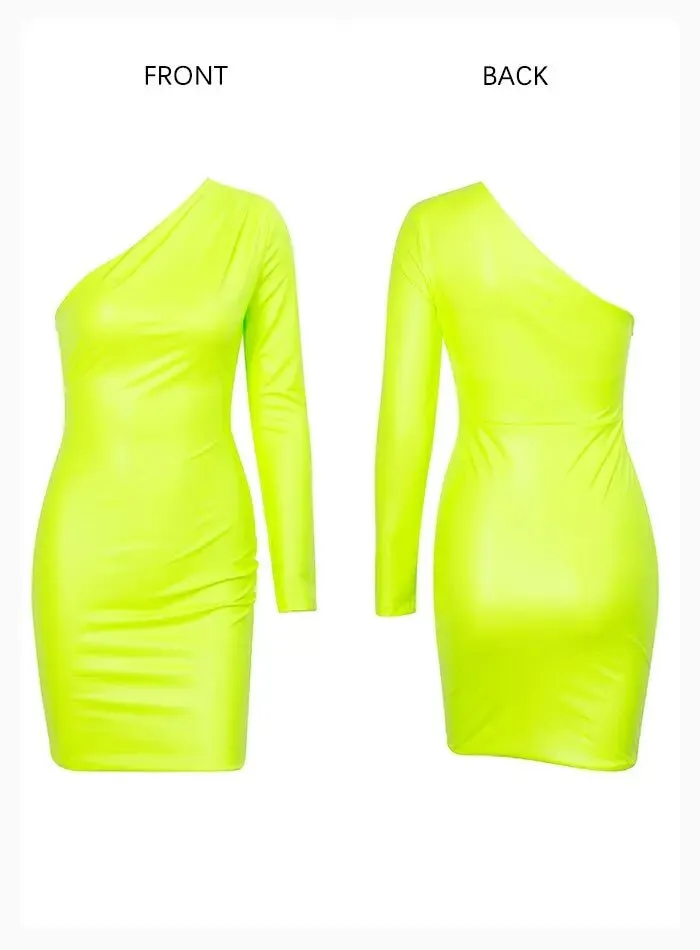 Fluorescent Green One Shoulder Elastic PU Mini Dress