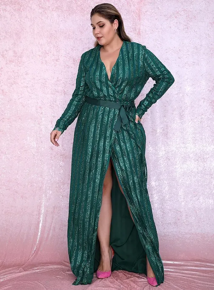 Green Deep V-neck Stripes Glitter Glued Cross Maxi Dress