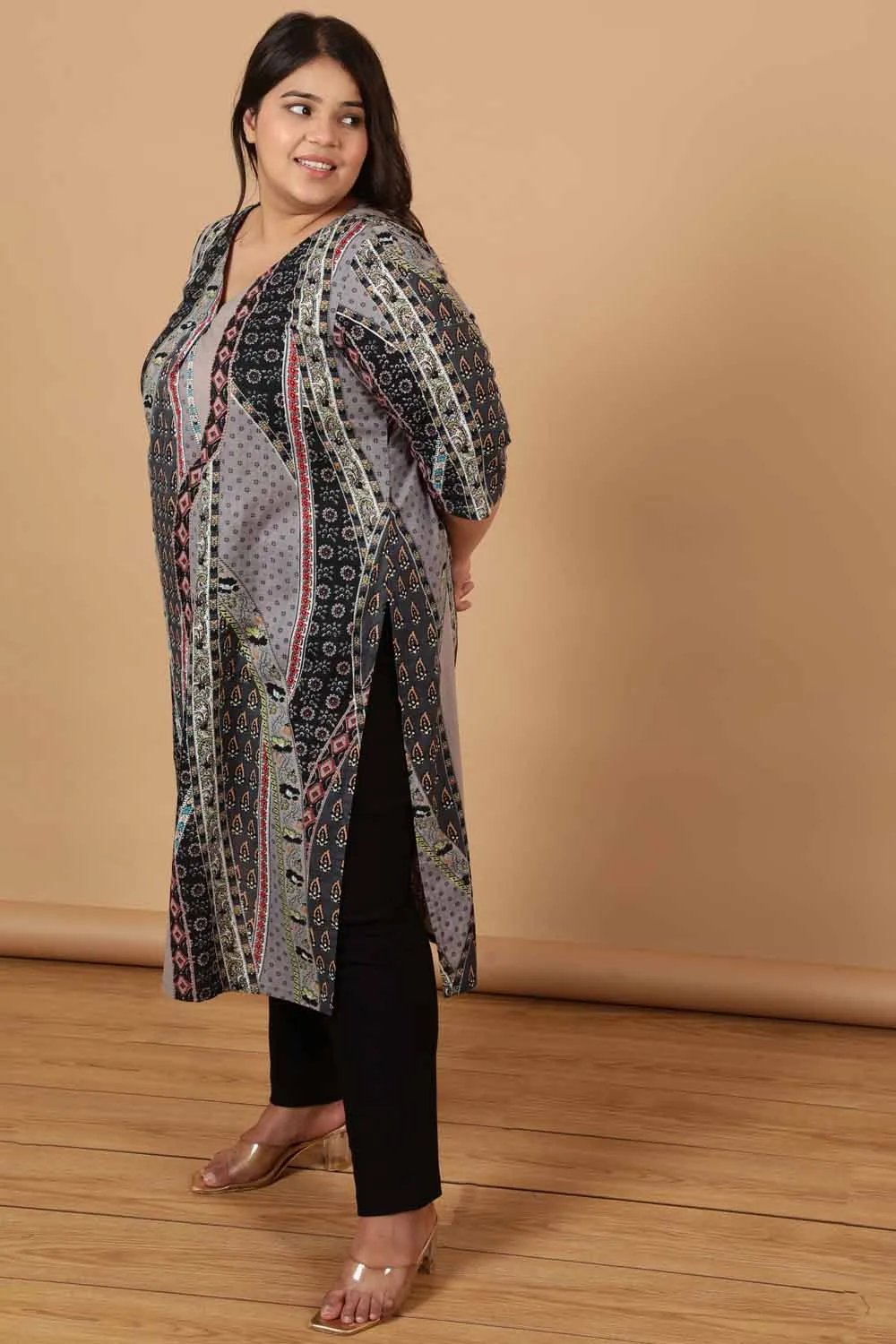 Grey Printed Cotton Kurta