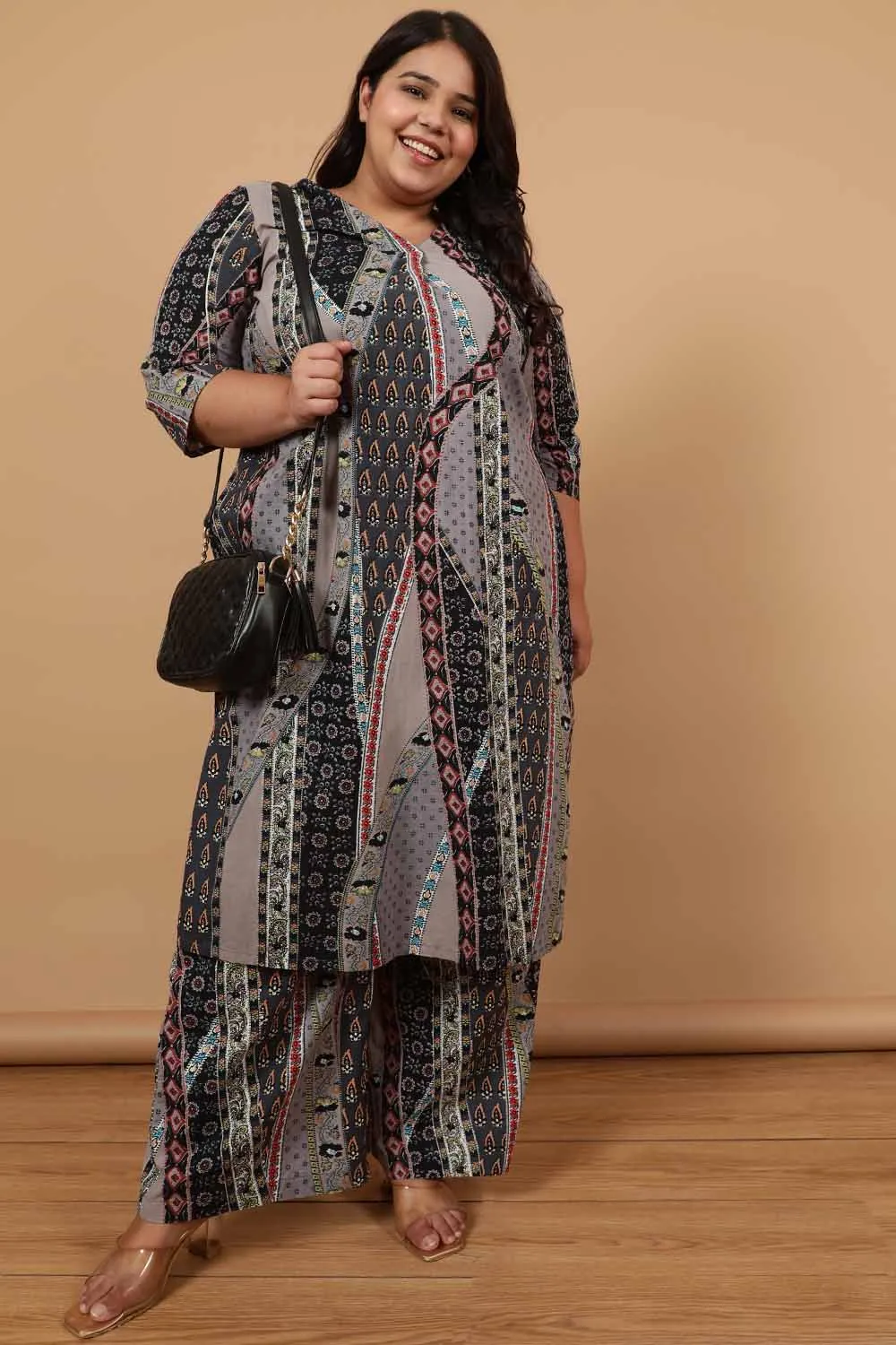 Grey Printed Cotton Kurta