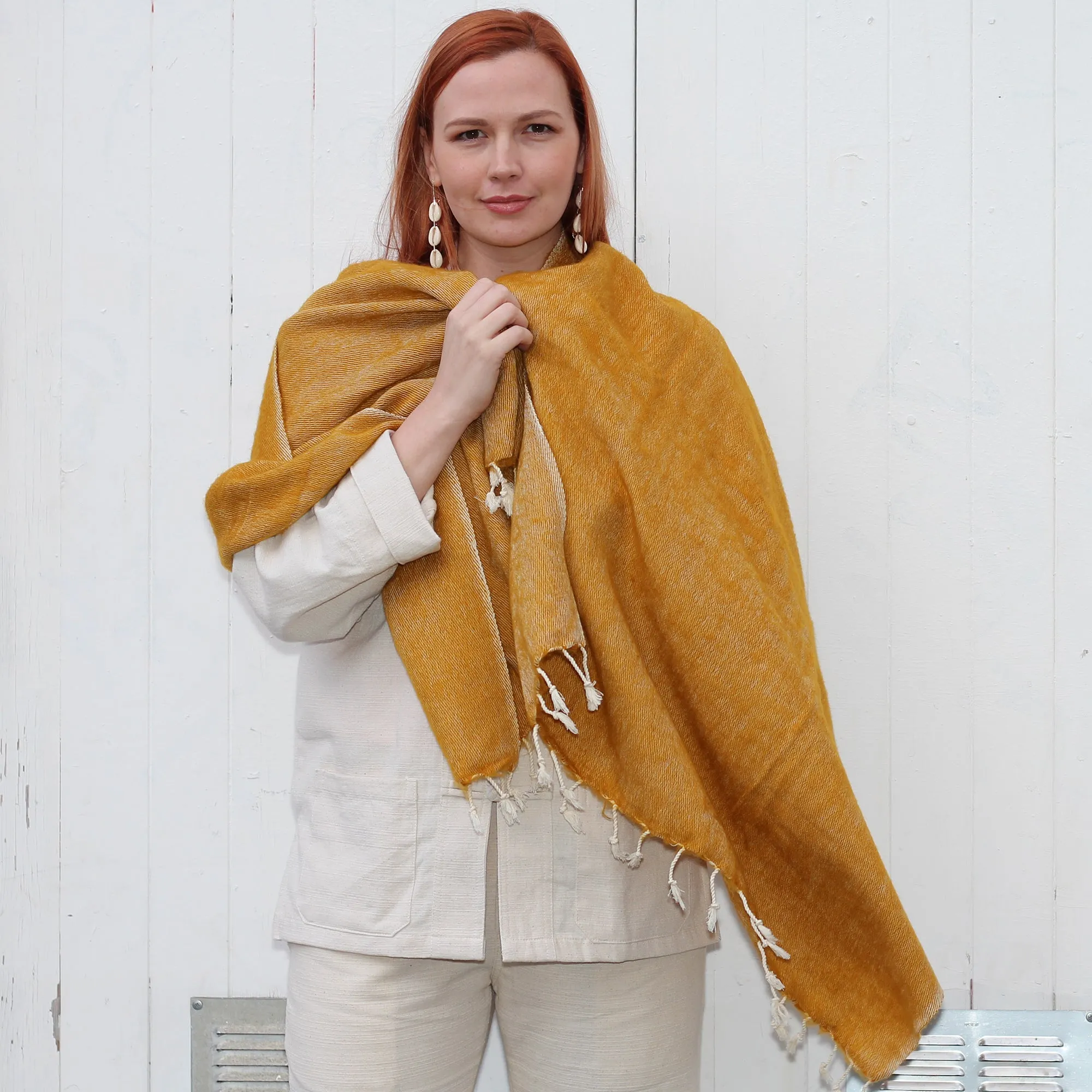 Handmade Nepalese 'Yak Wool' Shawl Mustard Yellow Oversized Scarf / Yoga Blanket