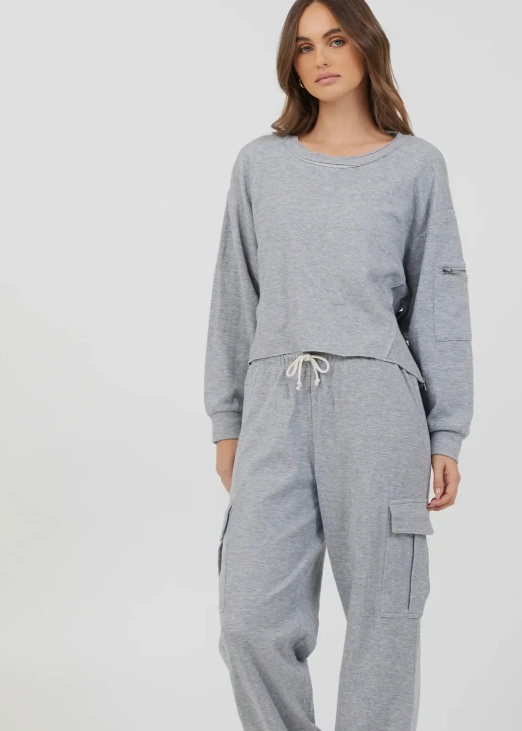 Heather Grey Bounded Textured Jersey Utility Crewneck