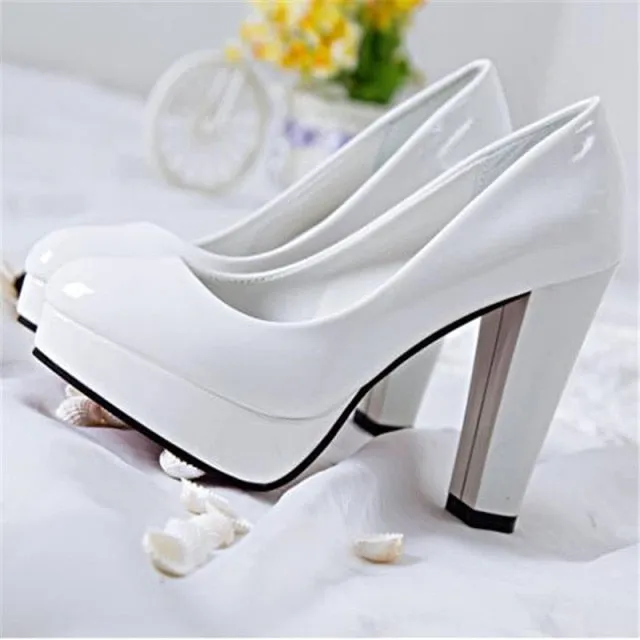 Hot Women Pumps Shoes Women PU Leather Shallow Slip-On Round Toe High heels Wedding Party Derss shoes Mujer Plus size 34-42 New