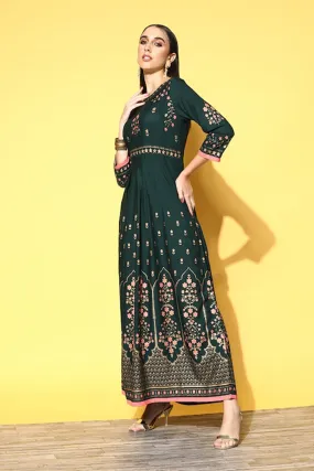 Ishin Women Green Printed Anarkali Kurta