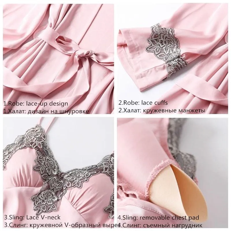 JULY&#39;S SONG New 4 Pieces Women Pajamas Sets Faux Silk Pajamas Sleepwear Sets Elegant Sexy Lace Fashion Spring Autumn Homewear