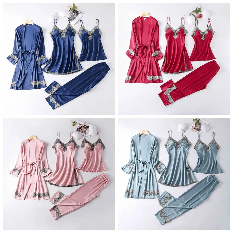 JULY&#39;S SONG New 4 Pieces Women Pajamas Sets Faux Silk Pajamas Sleepwear Sets Elegant Sexy Lace Fashion Spring Autumn Homewear