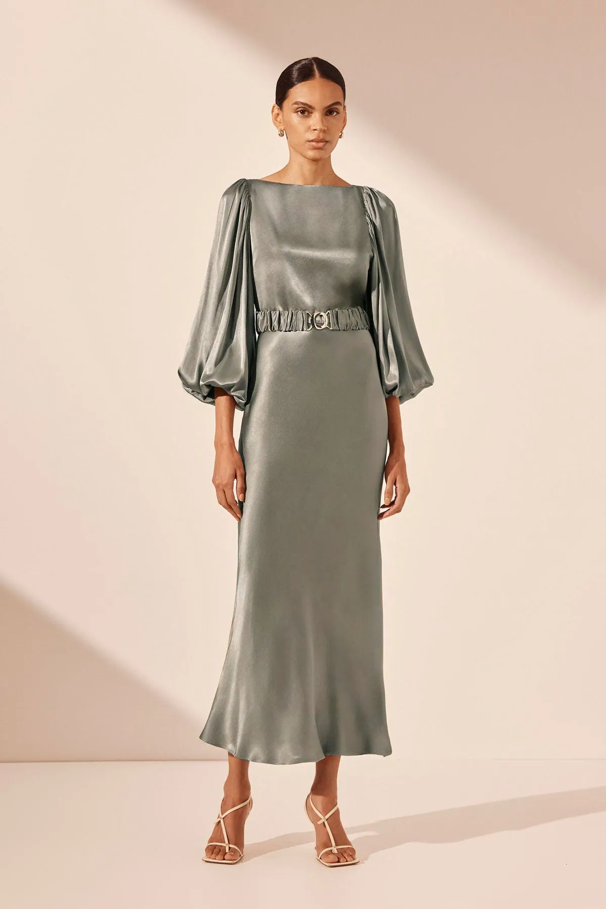 LA LUNE BALLOON SLEEVE MIDI DRESS WITH BELT - SAGE