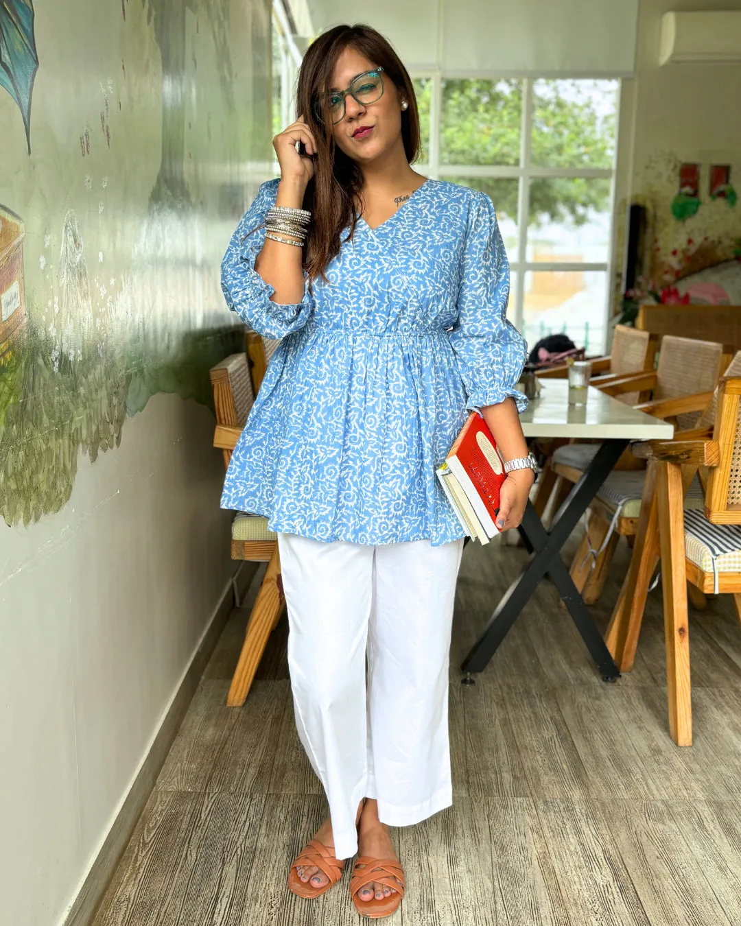 Light Blue Cotton Peplum Top