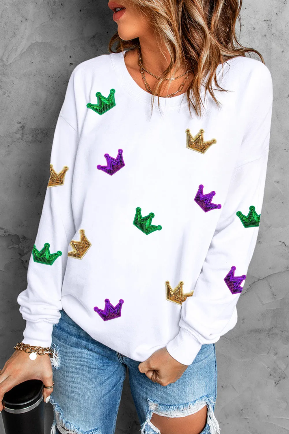 Mardi Gras Crown Sequined Patch Crew Neck Sweatshirt