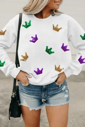 Mardi Gras Crown Sequined Patch Crew Neck Sweatshirt