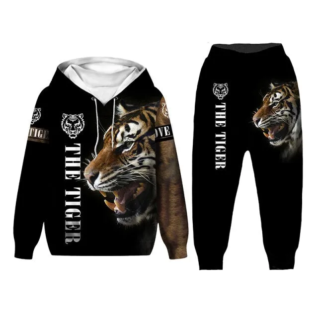 New Tiger 3D Printed Men Hooded Sweatshirts Teen Kids Casual Whiter Tiger Hoodies Pants Tracksuits 2pc Set Boys Clothing Suit