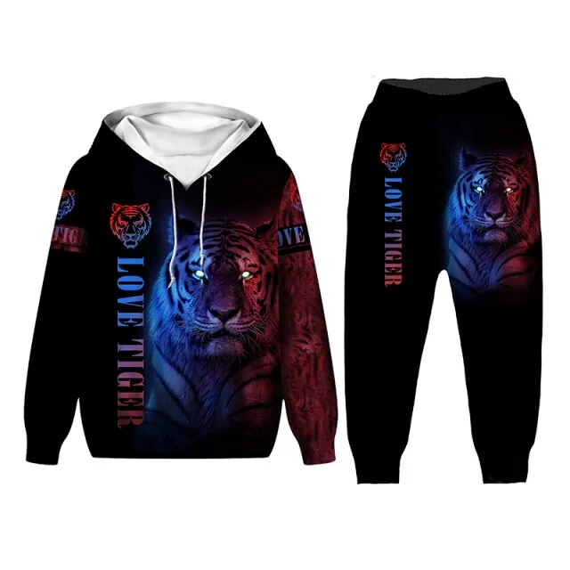 New Tiger 3D Printed Men Hooded Sweatshirts Teen Kids Casual Whiter Tiger Hoodies Pants Tracksuits 2pc Set Boys Clothing Suit