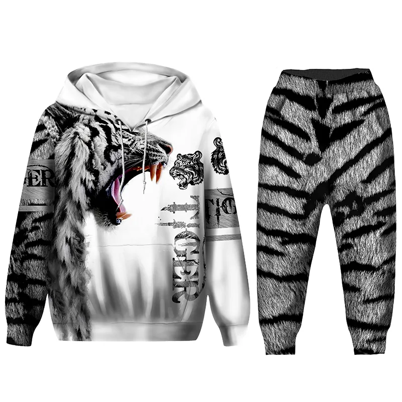 New Tiger 3D Printed Men Hooded Sweatshirts Teen Kids Casual Whiter Tiger Hoodies Pants Tracksuits 2pc Set Boys Clothing Suit