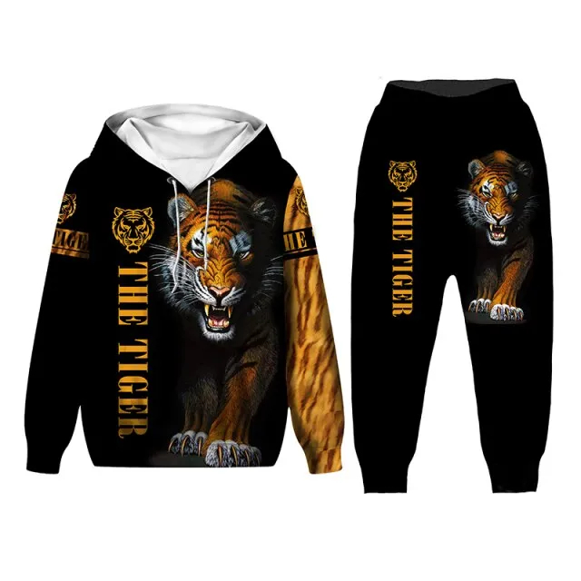 New Tiger 3D Printed Men Hooded Sweatshirts Teen Kids Casual Whiter Tiger Hoodies Pants Tracksuits 2pc Set Boys Clothing Suit