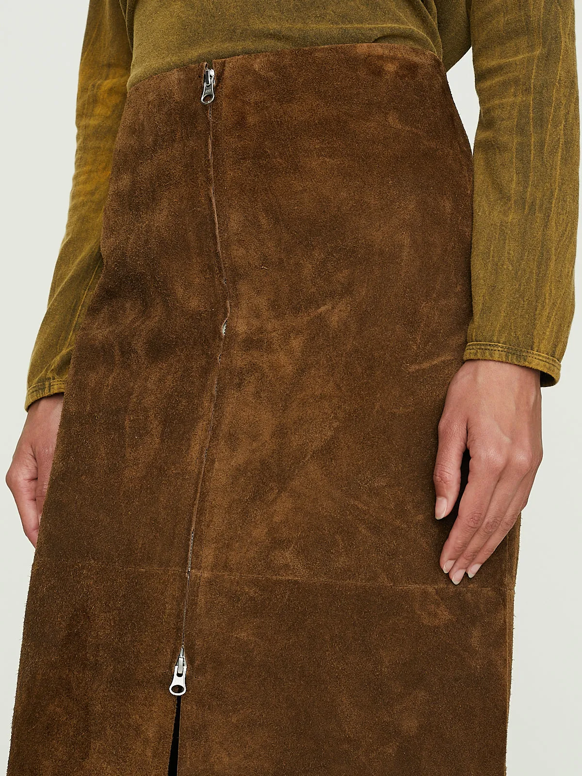 No. 296 Leather Panel Skirt in Brown Suede