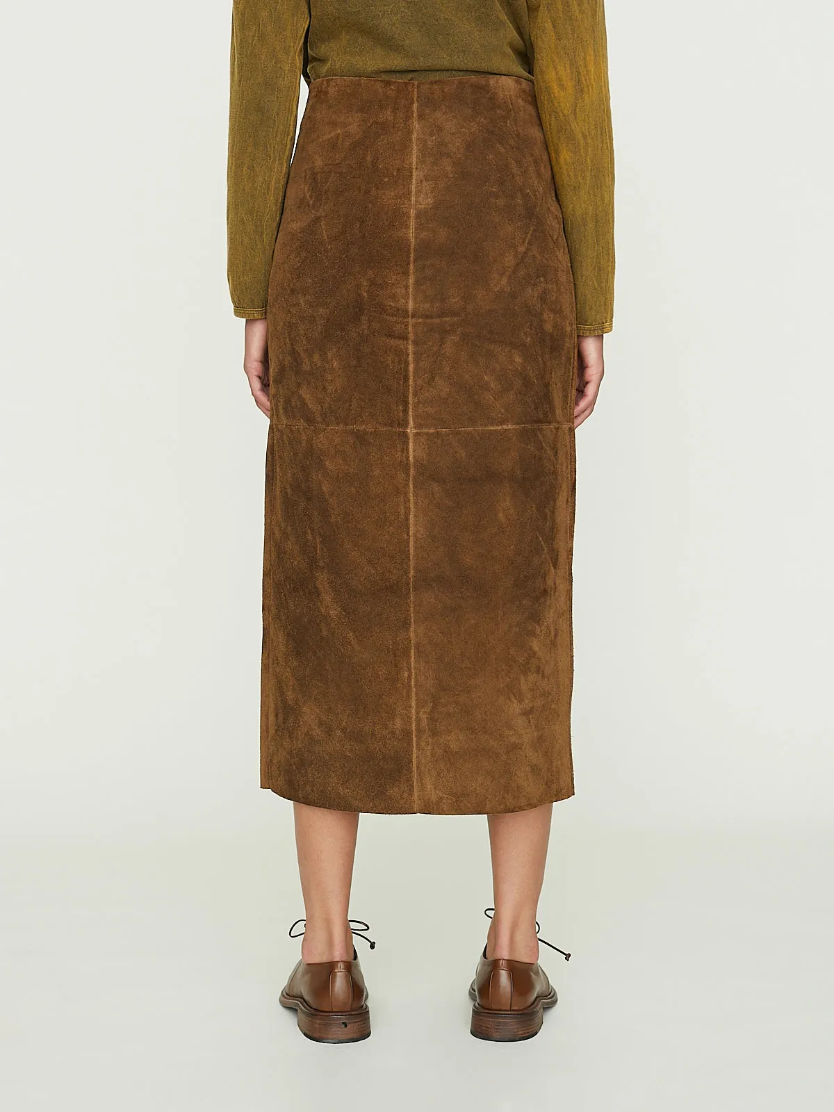 No. 296 Leather Panel Skirt in Brown Suede