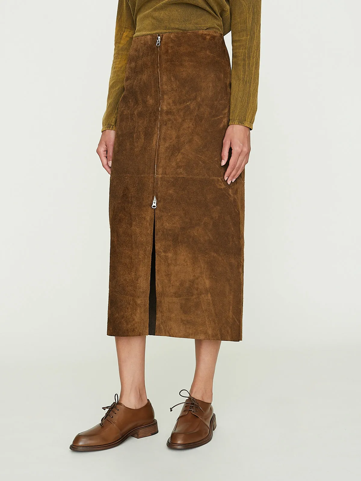 No. 296 Leather Panel Skirt in Brown Suede