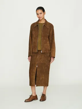 No. 296 Leather Panel Skirt in Brown Suede