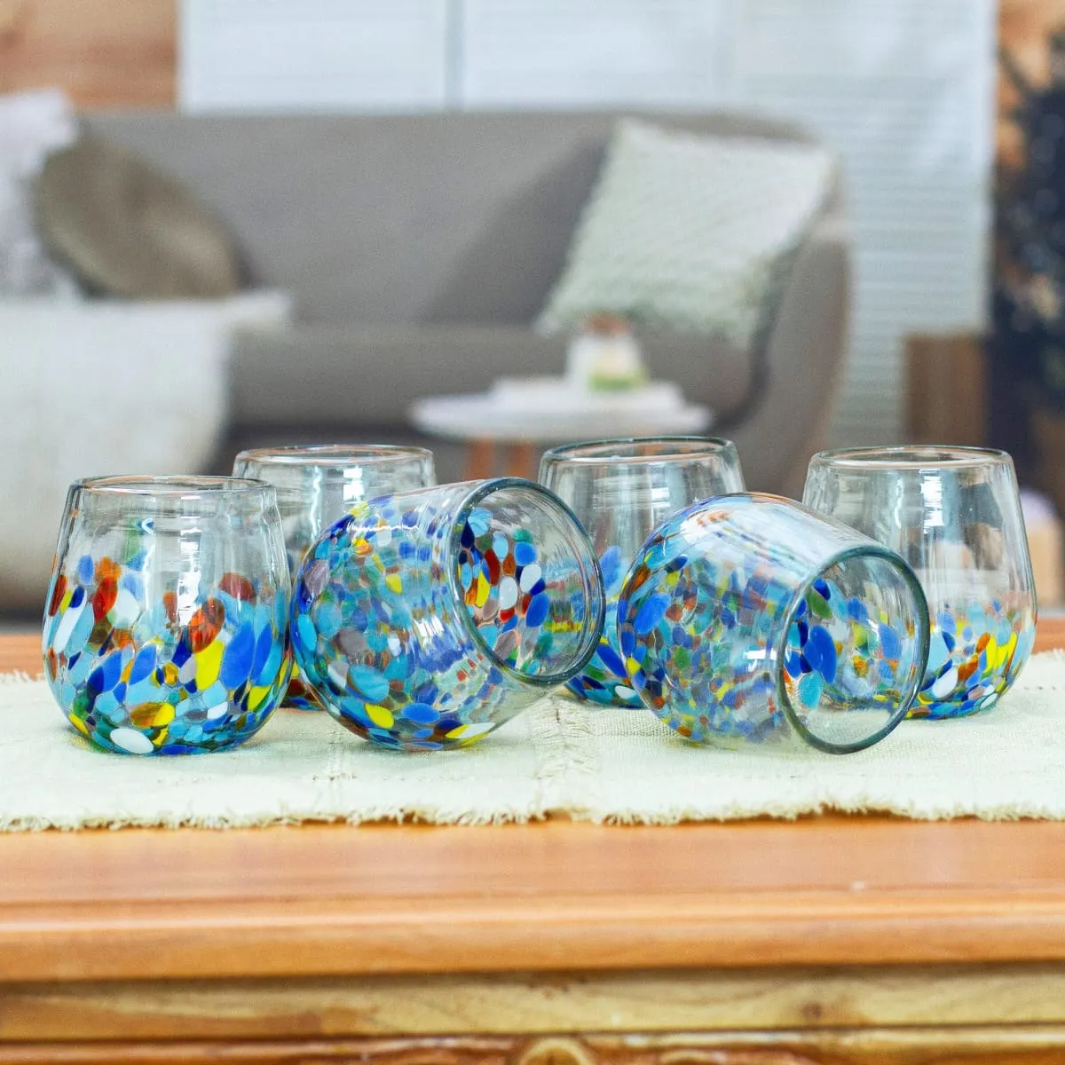 Novica Confetti Festival Handblown Stemless Wine Glasses (Set Of 6)