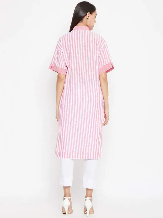 Pink Cotton Striped Kurta For Women