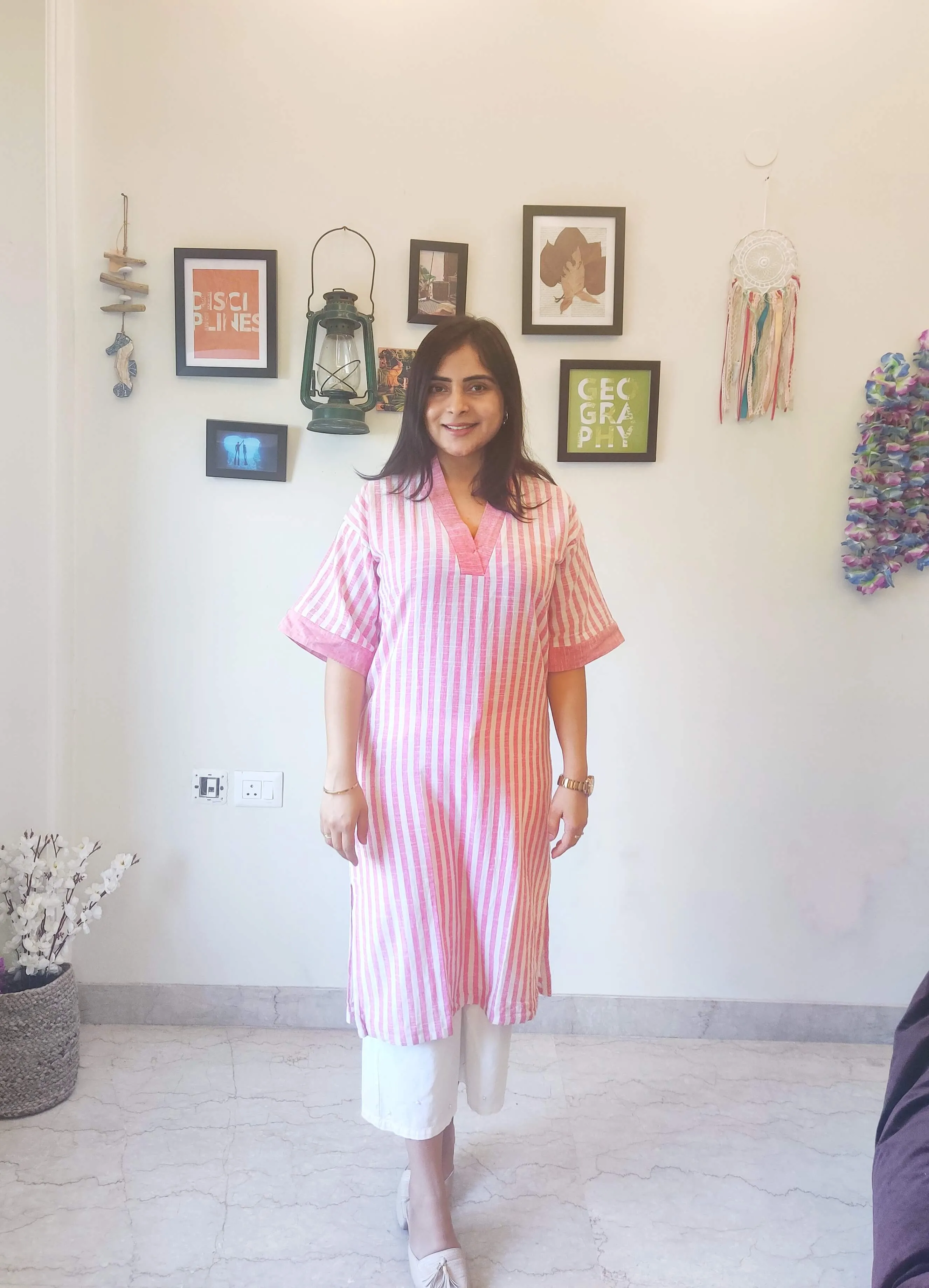 Pink Cotton Striped Kurta For Women