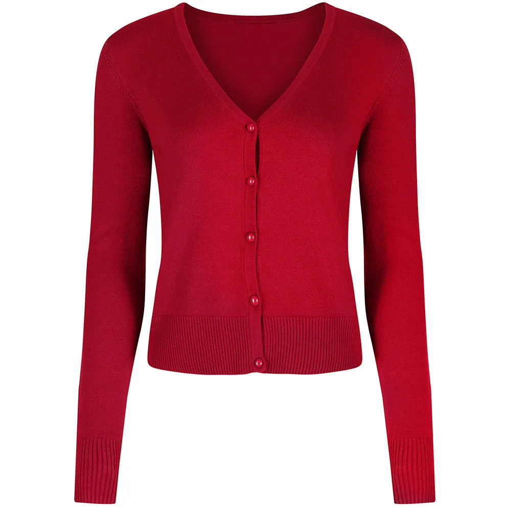 Red Stretch V Neck Button Through Cardigan