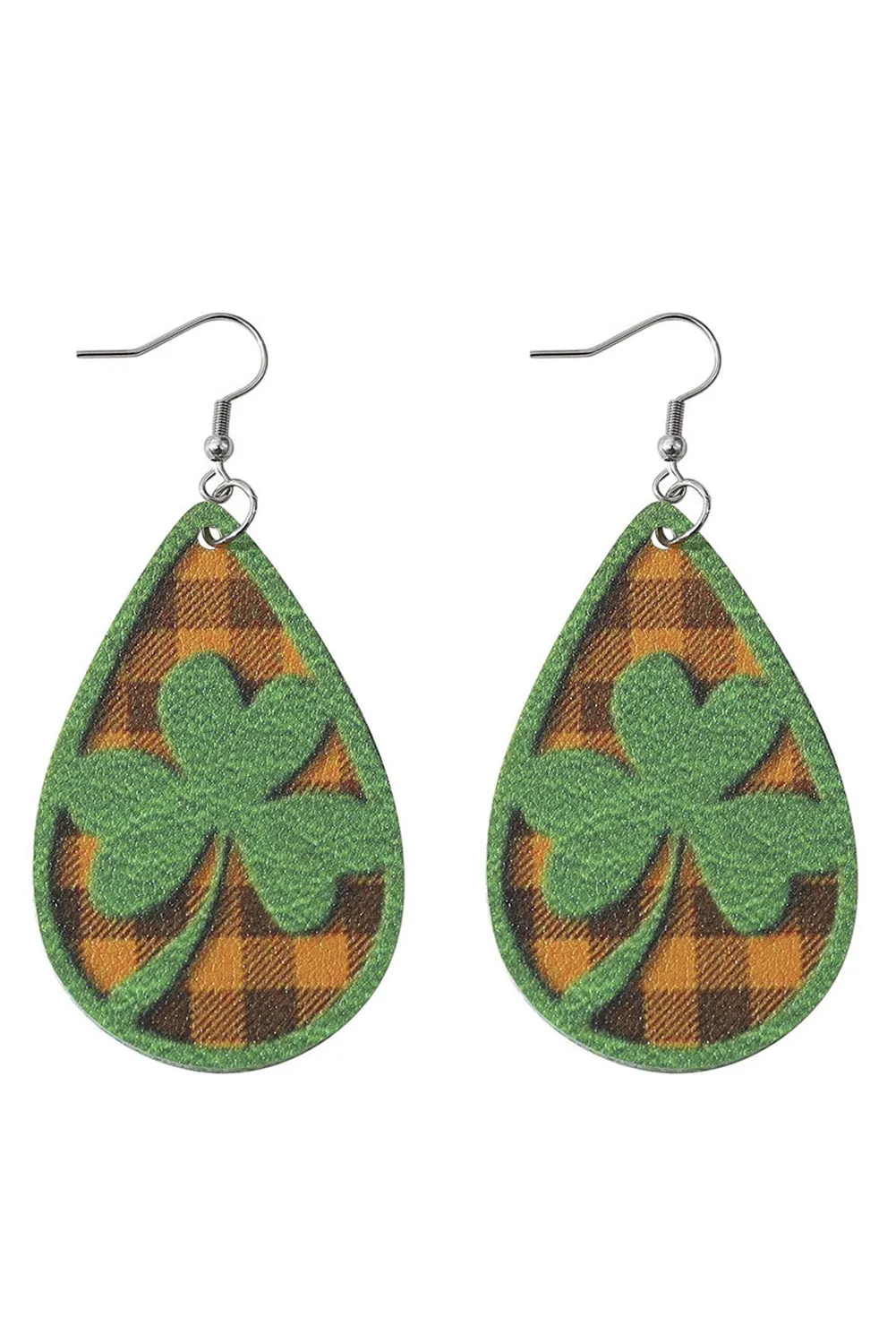 St Patrick's Day Clover Emboss Plaid Teardrop Dangle Earrings