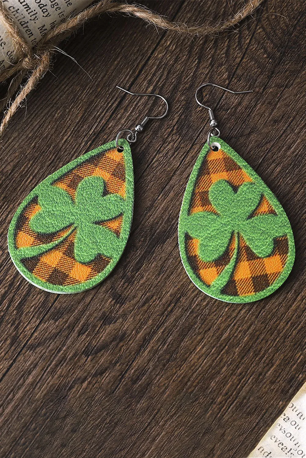 St Patrick's Day Clover Emboss Plaid Teardrop Dangle Earrings