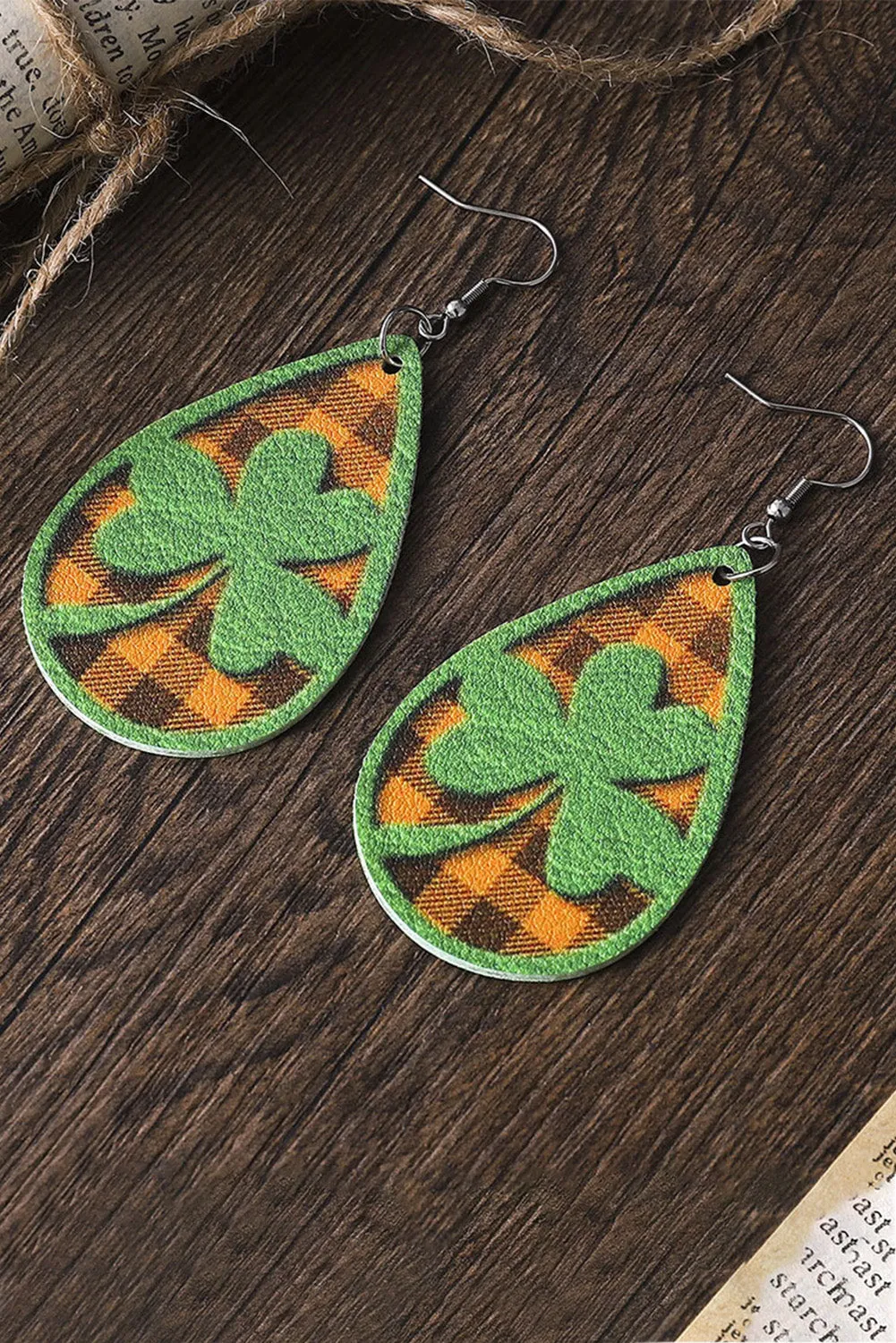 St Patrick's Day Clover Emboss Plaid Teardrop Dangle Earrings