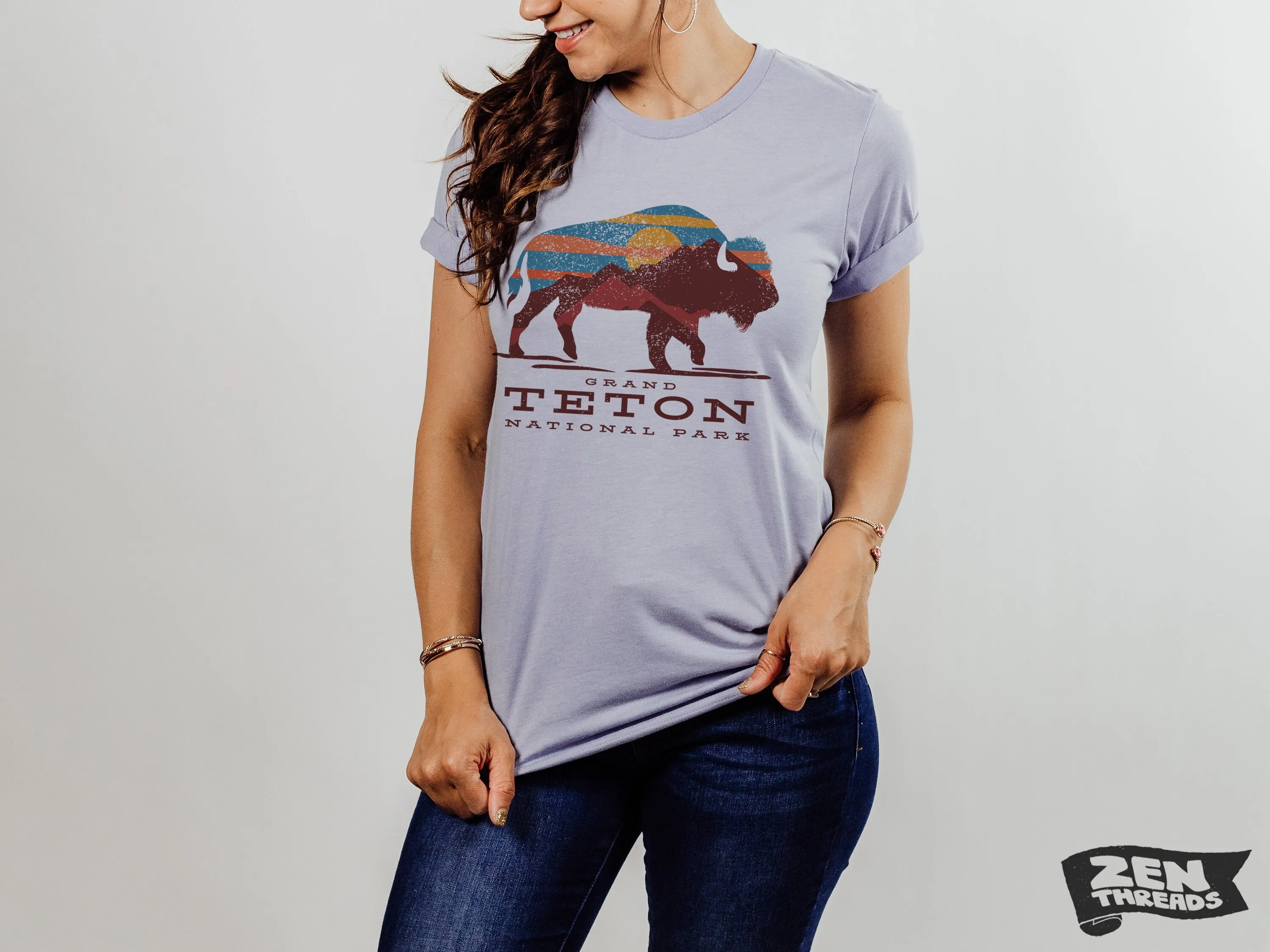 Unisex TETON Vintage print Bella canvas jersey T-Shirt custom eco printed tee national state parks Yellowstone Wyoming mountains bison camp