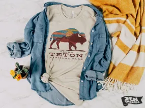 Unisex TETON Vintage print Bella canvas jersey T-Shirt custom eco printed tee national state parks Yellowstone Wyoming mountains bison camp