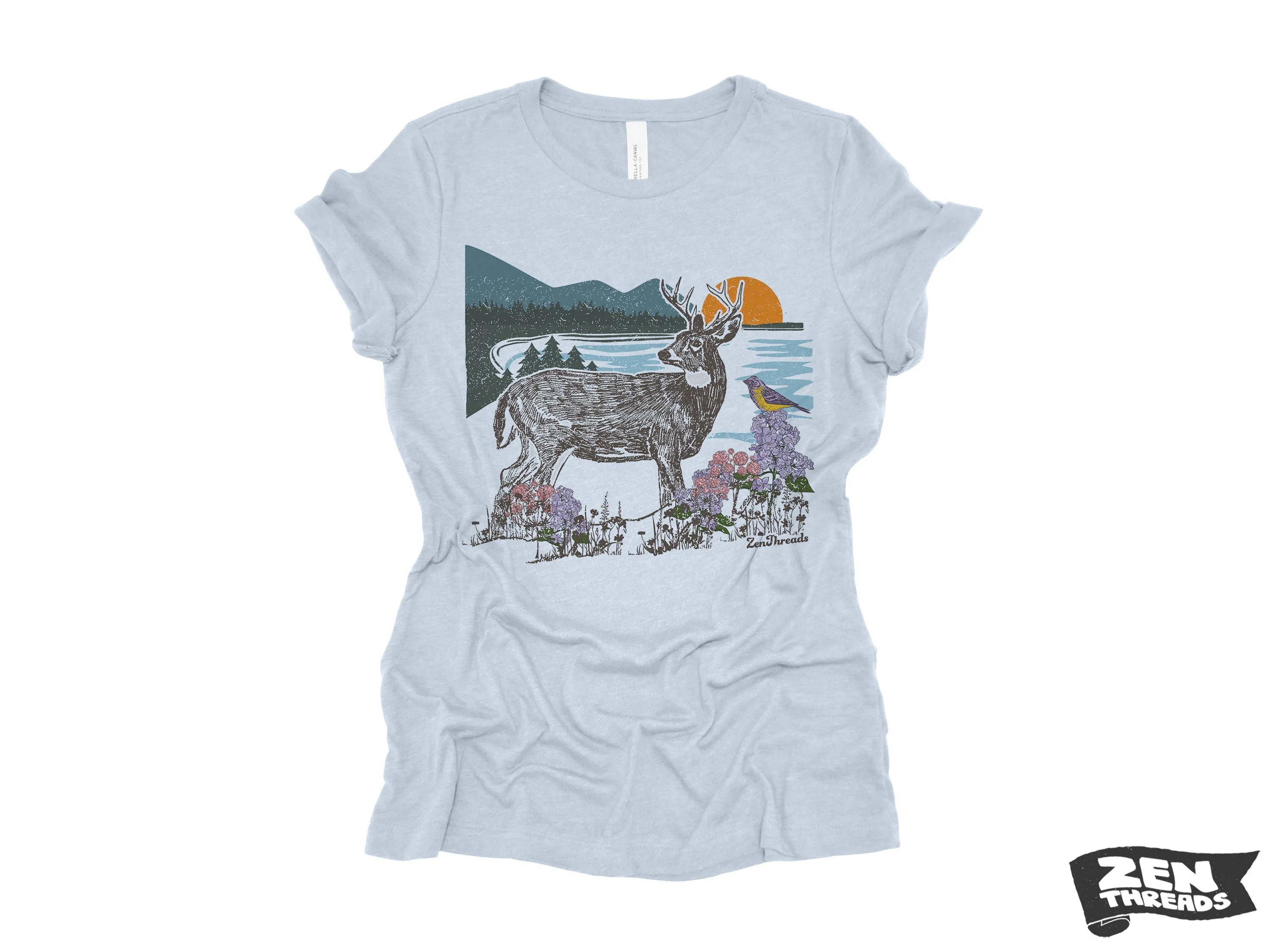 Womens Boyfriend Tee DEER Landscape relaxed jersey T-shirt Zen Threads Bella Canvas 6400 custom hiking camping nature lover mountains gift