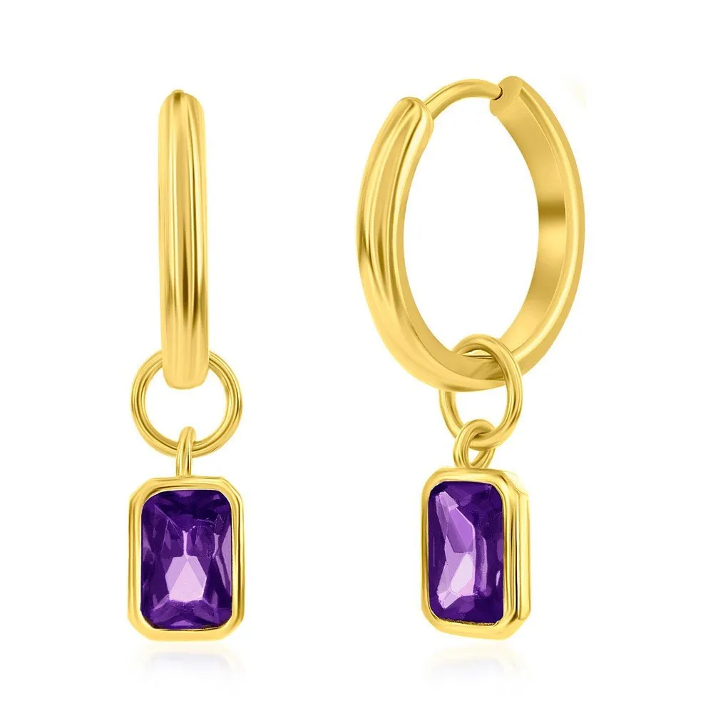 YGP Sterling Huggie Earrings with Purple CZ Drop